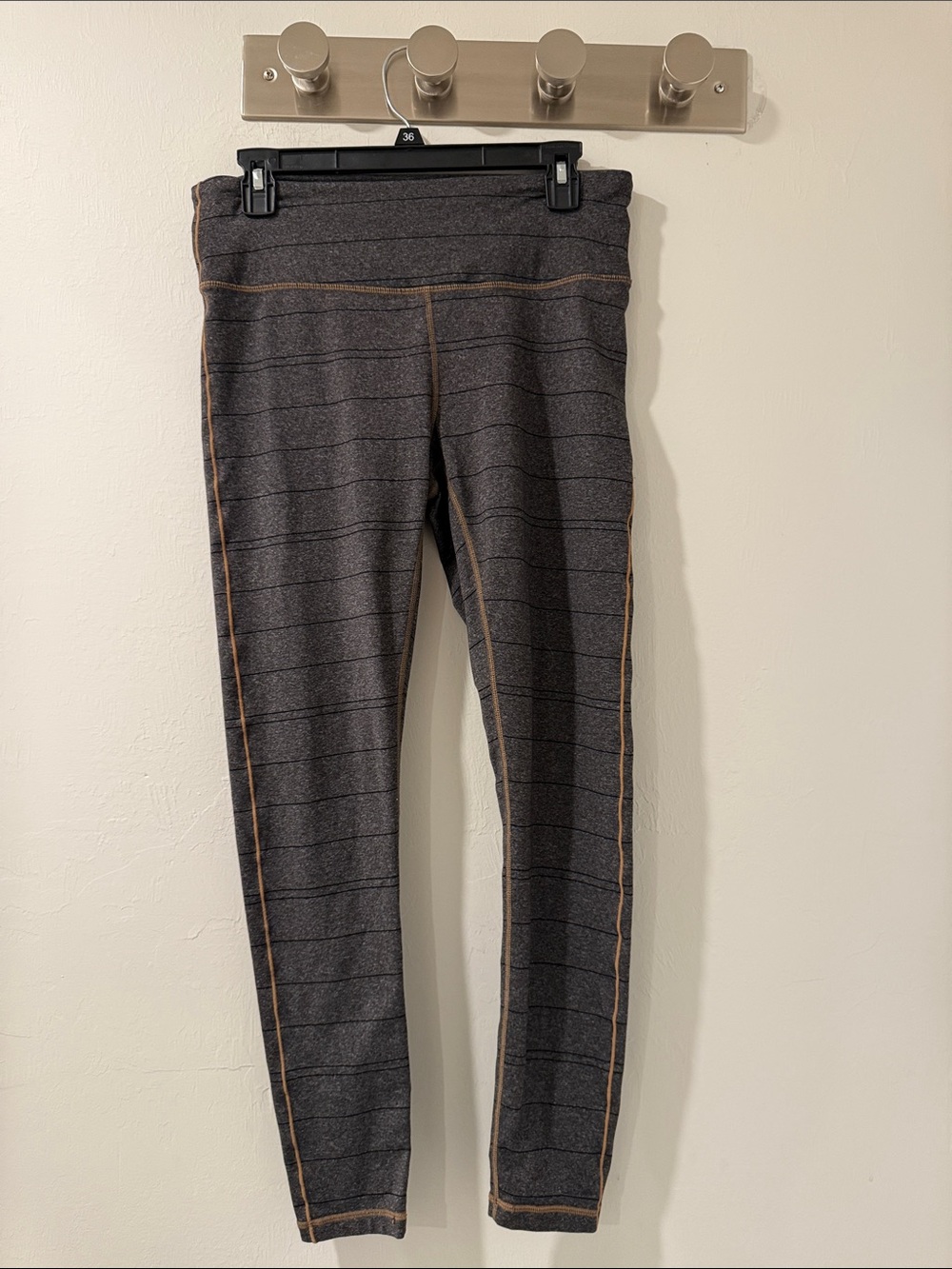 prAna Women’s L Gray Striped High Rise Yoga Leggings Contrast Stitch